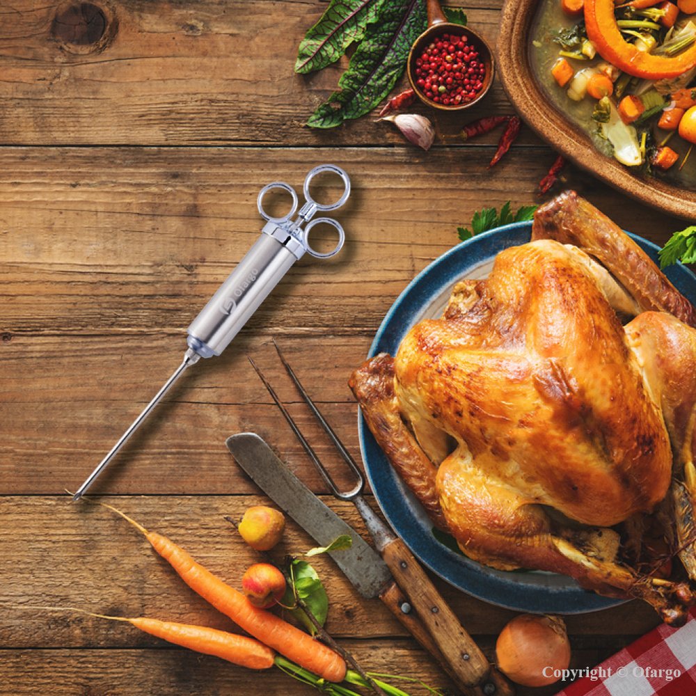 Ofargo Stainless Steel Meat Injector Syringe with 3 Marinade Injector Needles for BBQ Grill Smoker, 2-oz Large Capacity, Recipe E-Book