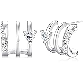 MILACOLATO S925 Sterling Silver Earrings Hypoallergenic 14K Gold Plated Triple Hoop Huggie Illusion Stud Earrings for Women Trendy Multi Hoops Claw Earrings for One Hole Lightweight Jewelry Gift