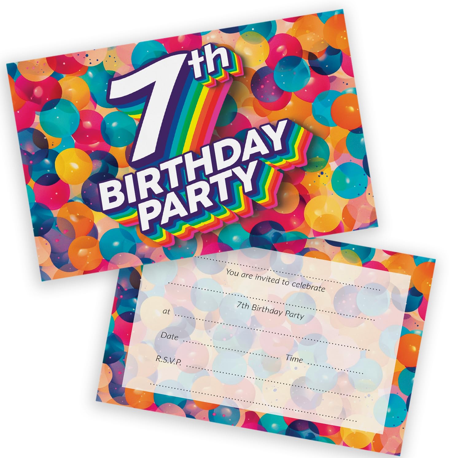 7th Birthday Party Invitations Kids - Rainbow Balloons 28 Pack - Childrens Birthday Invitations for Boys/Girls A6 Bday Party Invites Invitation Cards with Folding Envelopes