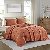 BOURINA Ultrasonic Quilt Set 3-Piece Full/Queen Bedding Set Pre-Washed Microfiber Ultra Soft Lightweight Star Bedspread Coverlet Set for All Season, Orange