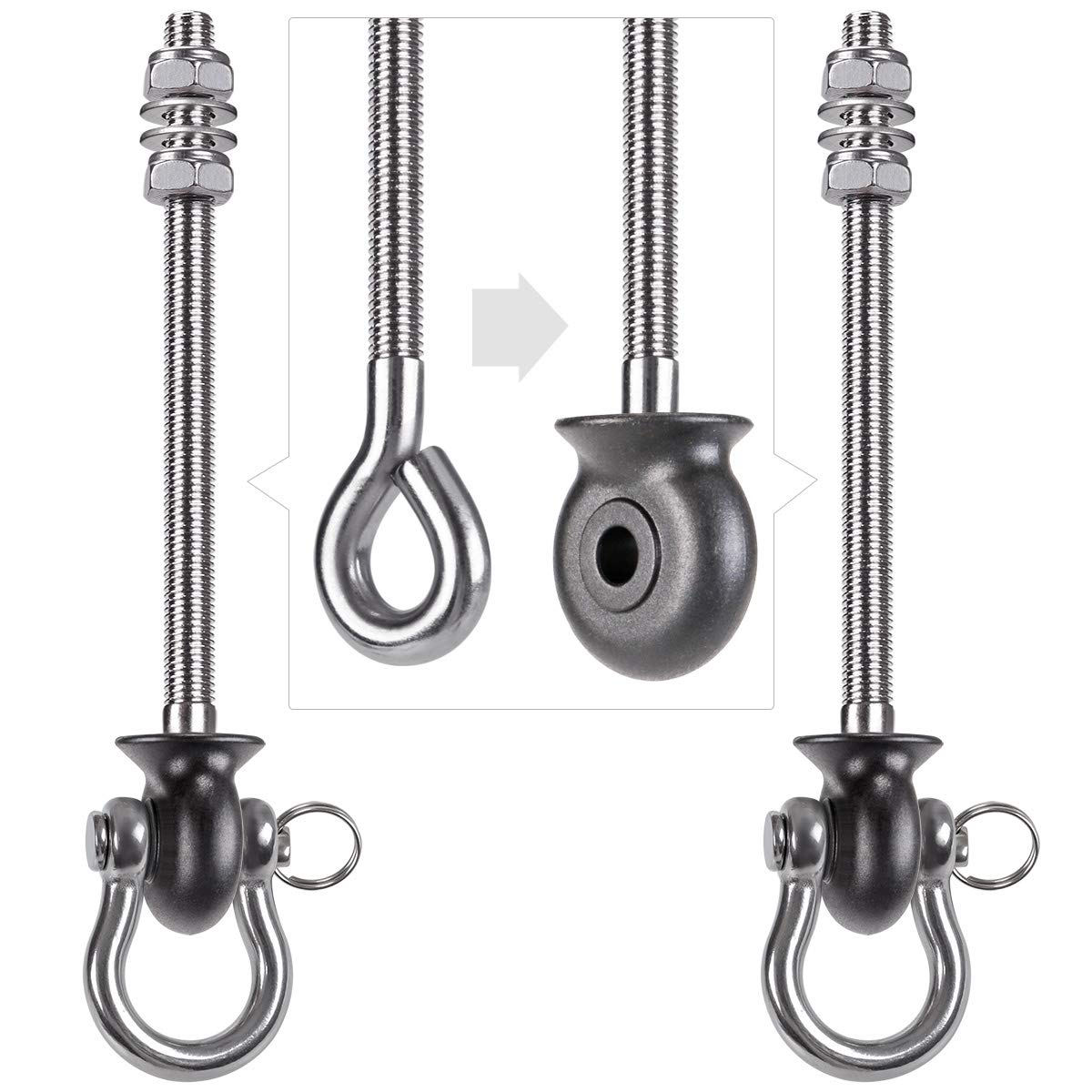 Dolibest 2pcs Swing Hanger, 195mm Heavy Duty Hammock Hook M10 Hanging Chair Screw Eye Bolt Swivel Ceiling Beam Mounting Bracket for Yoga Rope/Aerial Hoop/Punching Bag/Sandbag, 1500lbs