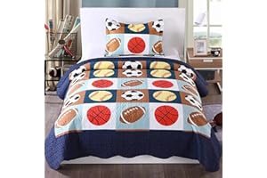 MarCielo 2 Piece Kids Bedspread Quilts Set Throw Blanket for Teens Boys Bed Printed Bedding Coverlet, Twin Size, Blue Basketball Football Sports, American Football (Twin)
