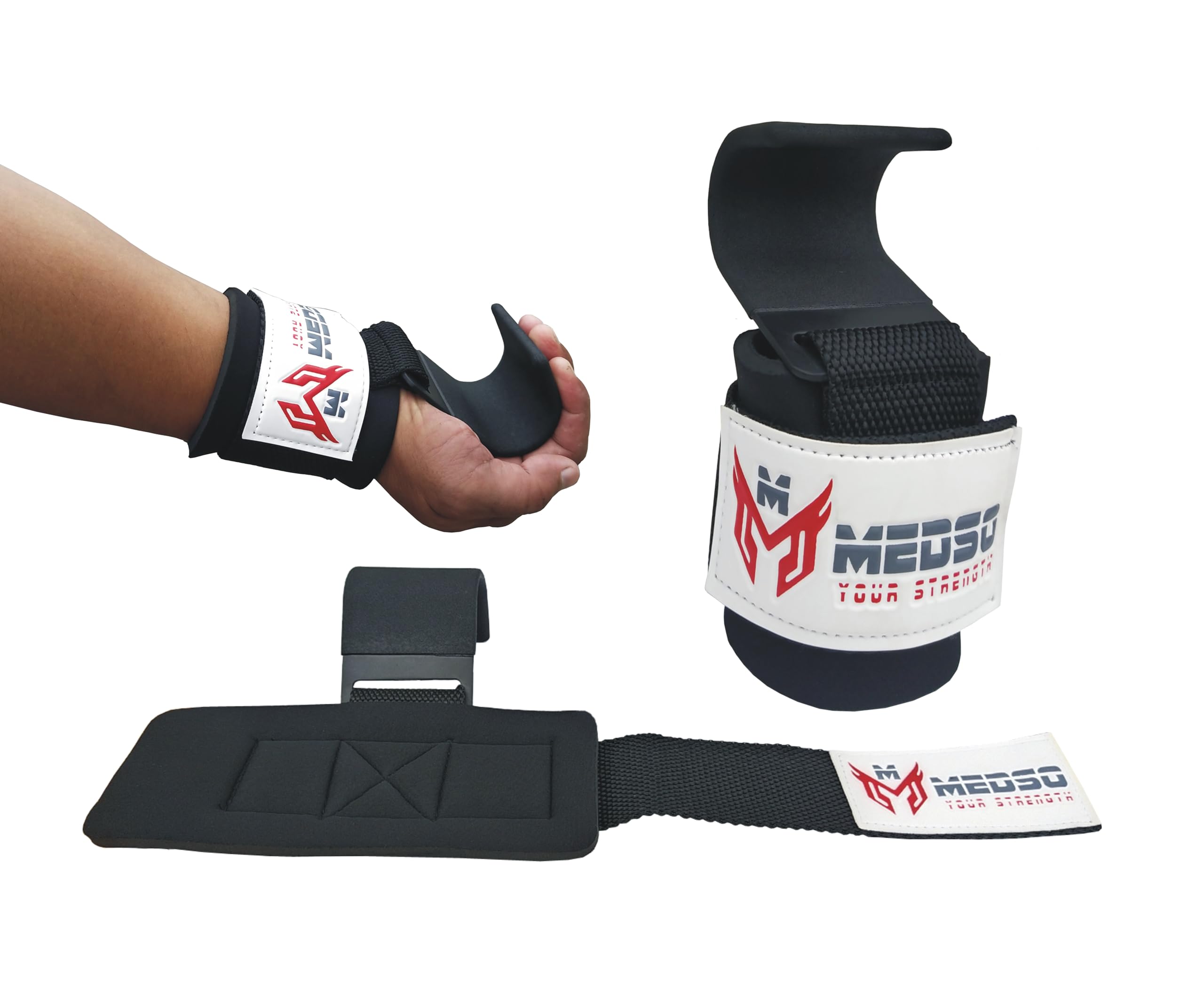 MEDSO Advanced Weight Lifting Heavy Duty Grips, Wrist Straps for Maximum Grip Support, Shrugs,Pull Up Deadlift Straps,Weightlifting Steel Hooks for Men and Women