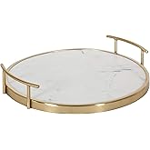 Kate and Laurel Marbury Modern Round Tray, 14 inch Diameter, White Marble and Gold, Contemporary Marble Tray for Storage and 