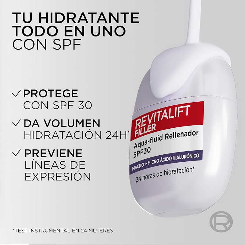 L'Oréal Paris Revitalift Filler Aqua-fluid SPF30 Filler, 24h de hidratação* com proteção solar UV, ácido hialurónico e niacinamida, absorção em 3 segundos, textura clara, formato de bolso, 40ml