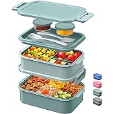 DaCool Lunch Box Adults Bento Box 74 OZ All-in-One Stackable Lunch Box Containers for Adult Large Bento Box with Fork Spoon Sauce Boxes, Leakproof Lunchbox for Work School Dining Out, Morandi-Green