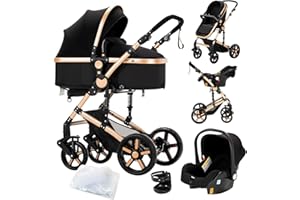 SUTTONBEBE 3 in 1 Baby Travel System Reversible Baby Stroller Pushchair Portable Baby Standard Pram Buggy Baby Carriage Foldable Luxury Baby High Landscape Pram for Toddler Newborn (MG588-BLACKGOLD without Base)