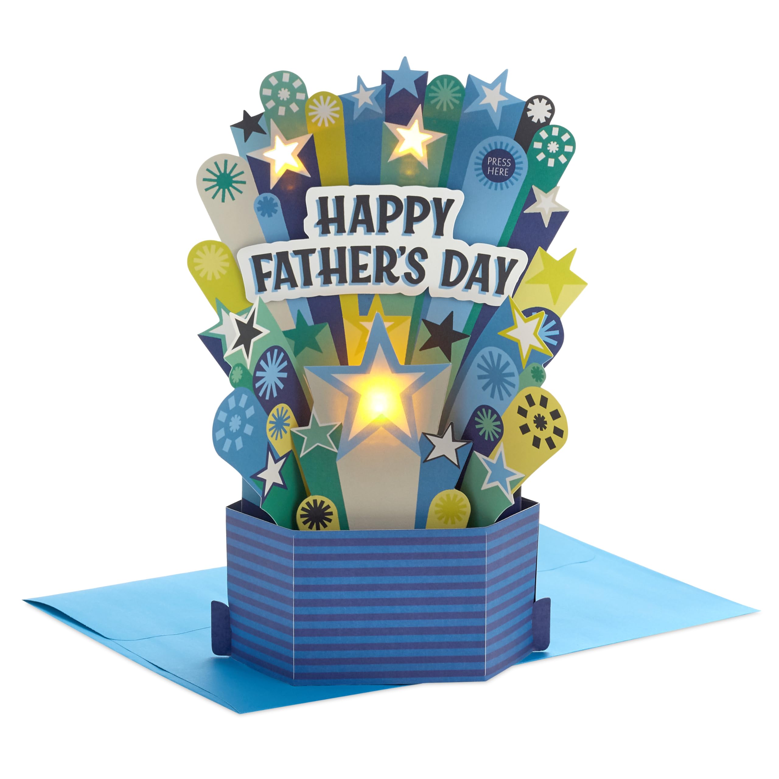 Hallmark Fathers Day Card, 3D, Pop Up, Musical, Light Up, Banner Design, Display Case, Blue, Yellow, Male, From Son, From Daughter