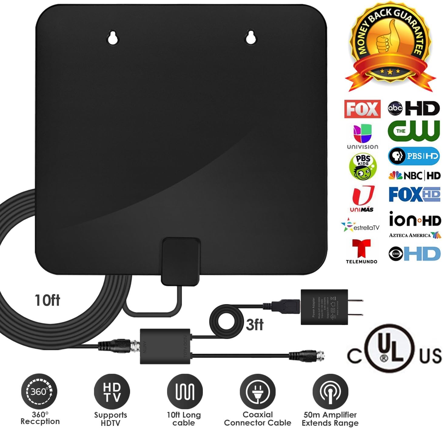 HDTV Antenna,Upgraded 2018 Version TV Antenna for Digital TV Indoor, Best 60+ Miles Range with UL Power Adapter & Detacable Amplifier, 10+3 FT High Performance Cable for 1080P 4K High Reception.