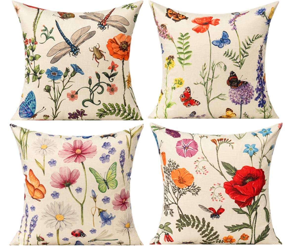 All Smiles Cushion Covers 40 x 40 Garden Outdoor Butterfly Decorative Spring Bench Pillows Farmhouse Dragonfly Flower Floral Leaves Pillowcase Set of 4 Home Decor Linen for Couch Sofa Plants