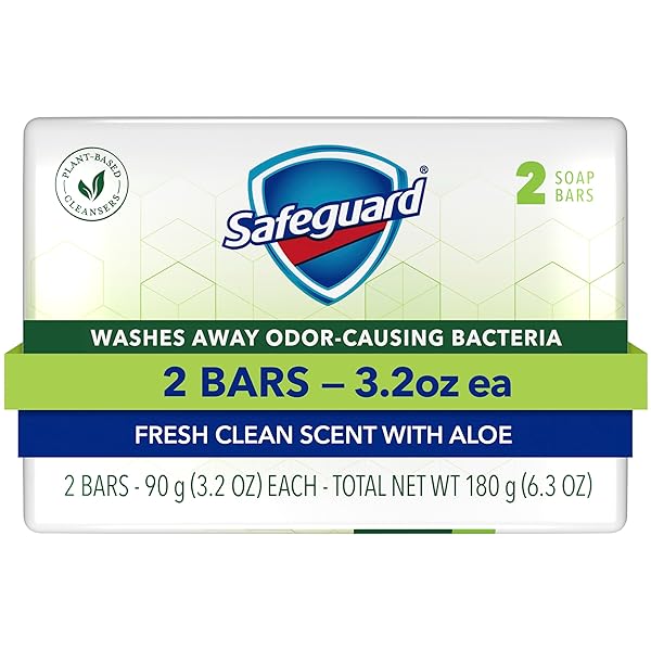 SAFEGUARD MICELLAR DEEP CLEANSING BATH BAR SOAP, WASHES AWAY 99 PERCENT OF BACTERIA, LEAVES SKIN SOFT, MADE WITH PLANT BASED CLEANSERS, FRESH CLEAN SCENT WITH ALOE, 3.2 OZ (2 COUNT)