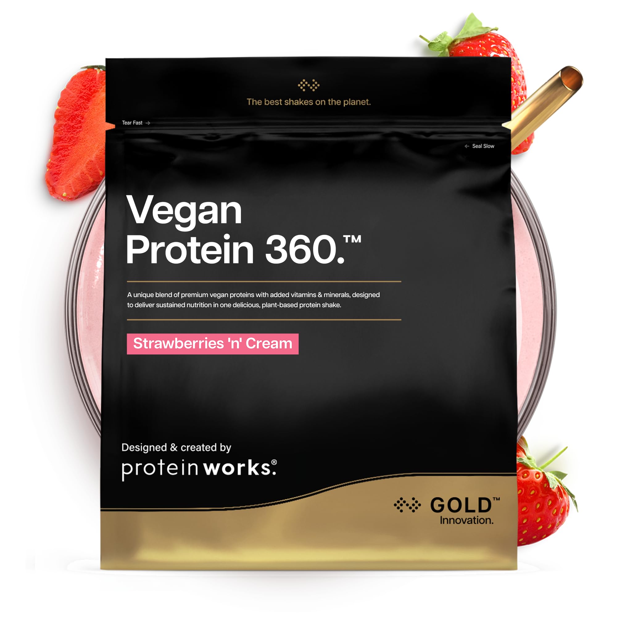 Protein Works | Vegan Protein 360 - Gold Innovation, Strawberries 'n' Cream, 16 Servings, 100% Plant Based & Natural, Premium Multi-Protein Blend, Low Fat Shake, Low Calorie Shake, 500g