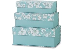 Soul & Lane Decorative Storage Boxes with Lids, Set of 3 Cardboard Boxes for Home Décor and Documents, Memory Organizers for Keepsakes with Magnetic Closure, Photo Storage, Blue Botanical