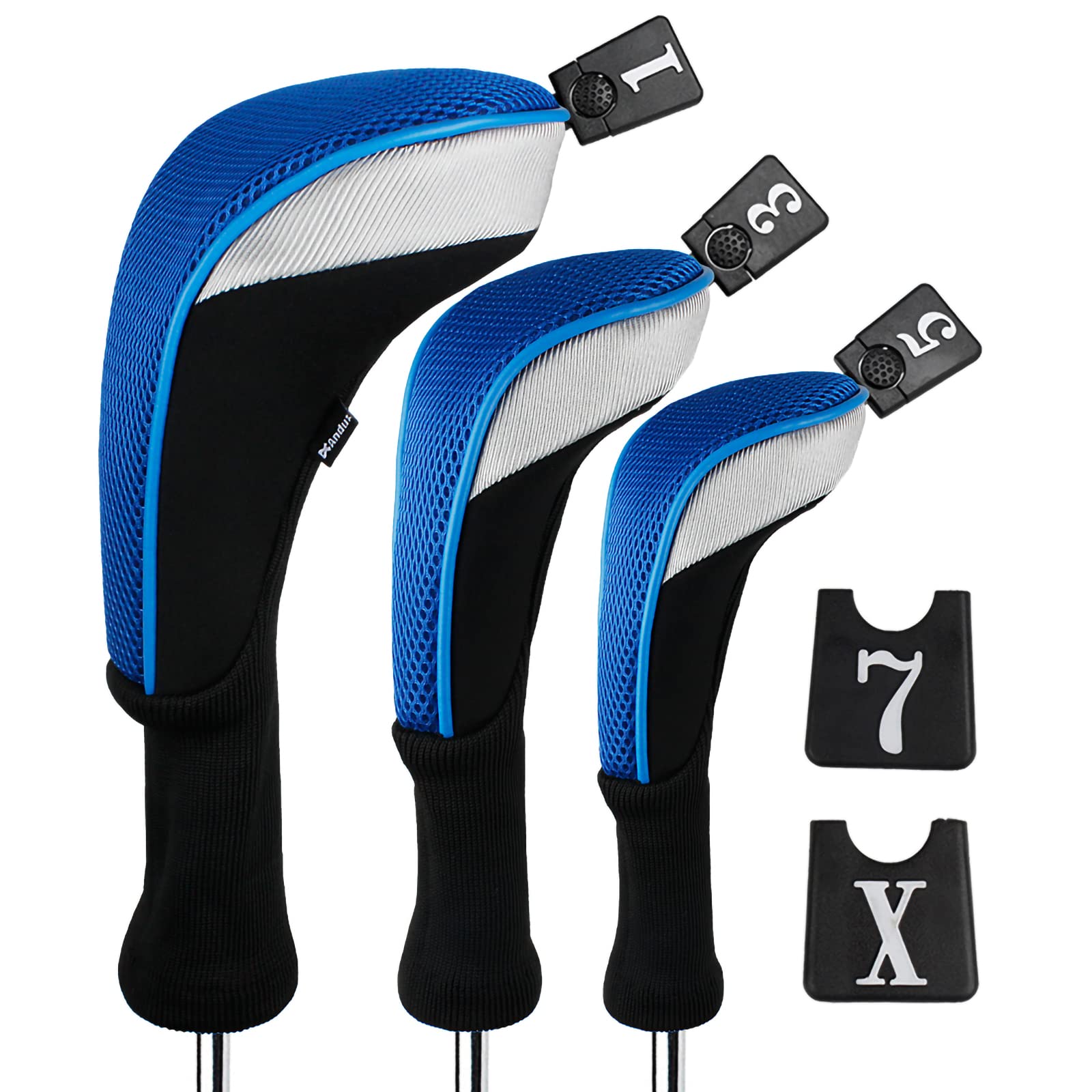Andux 3pcs/Set Golf 460cc Driver Fairway Wood Club Head Covers Long Neck Black/Blue