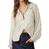 Tankaneo Womens Peter Pan Collar Button Down Shirts Long Sleeve Plaid Blouse Dressy Casual Fall Tops