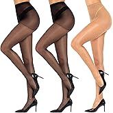 MANZI 3 Pairs Shiny Pantyhose for Women 15D Shimmer Sheer Tights High Waist Comfort Stockings with Control Top