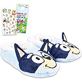 Bluey Slippers for Kids - Bundle with 1 Pair of Plush Snuggle Toe Footlet Socks with Grip Size Medium/Large Plus Stickers, and Beach Kids Door Hanger