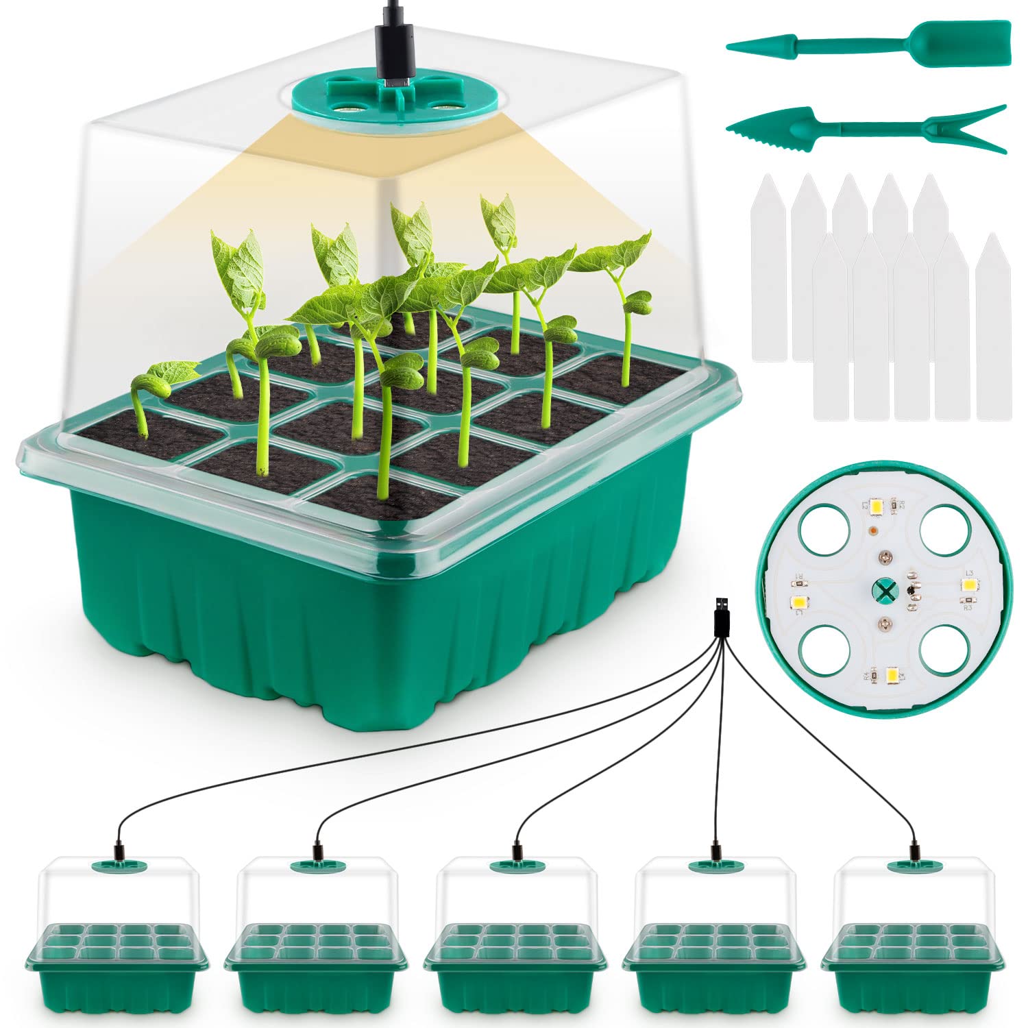 KEYUSHOP 5 Pack Seed Trays with Grow Light Seed Propagator with Heightened Lids Upgrade LED Full Spectrum Plant Light Dome Seedling Starter Germination Trays for Indoor Plant Greenhouse Windowsill