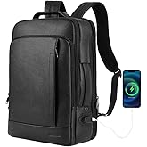 Wesccimo Full Grain Genuine Leather Backpack for Men Multi-Functional 15.6" Laptop Backpack with USB Charging, Black Convertible Business Travel Backpack Work Rucksack Daypack