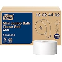 Tork Advanced 12024402 Mini Jumbo Bath Tissue Roll, 2-Ply, 7.36" Diameter, 3.55" Width x 751' Length, White (Case of 12…