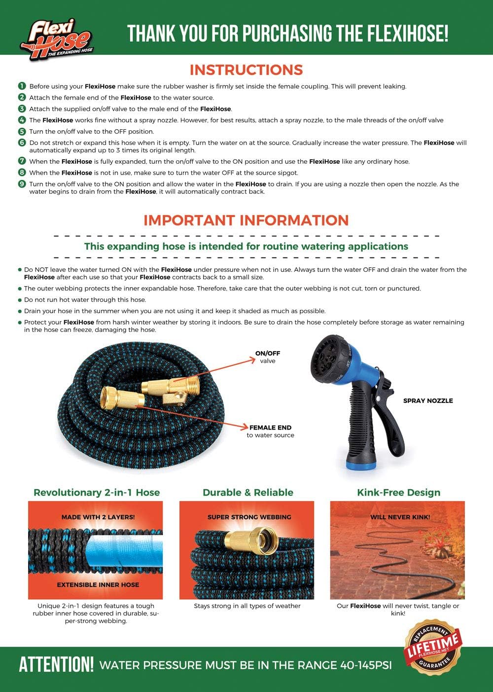 Flexi Hose Lightweight Expandable Garden Hose | No-Kink Flexibility - Extra Strength with 3/4 Inch Solid Brass Fittings & Double Latex Core | Rot, Crack, Leak Resistant (75 FT, Blue/Black) : Garden & Outdoor