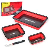 3Pcs Collapsible Magnetic Parts Tray Set with 15Lb Magnetic Pickup Pen | 3 Different Size Silicone Foldable Tool for Organizing Screw Bolts Nuts Washers Pins and Other Small Metal Parts