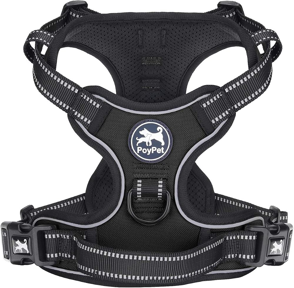 PoyPet No Pull Dog Harness Reflective Vest with 2 Leash Attachments XL Black