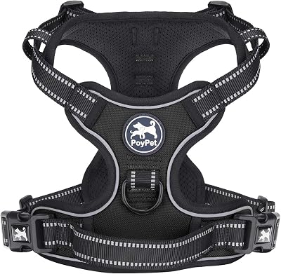 PoyPet No Pull Dog Harness Reflective Vest with 2 Leash Attachments XL Black