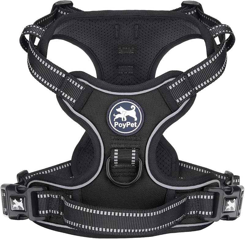 PoyPet No Pull Dog Harness Reflective Vest with 2 Leash Attachments XL Black