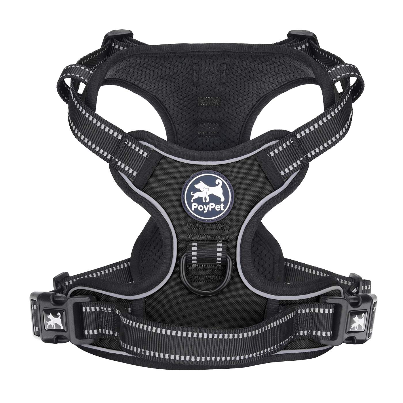 PoyPet No Pull Dog Harness, Reflective Vest Harness with 2 Leash Attachments and Easy Control Handle for Small Medium Large Dog(Black,XL)