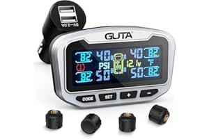 GUTA RV Tire Pressure Monitoring System, Trailer TPMS, 4 Sensors, 6 Alert Modes, Long Range Signal, CLA Charging & 2 USB-A Outputs, Adjustable LCD Display, Ideal for RV Truck Trailer Camper (0-188psi)