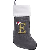 EHJYO 20 Inches Monogram Christmas Stockings with Letters Large Super Soft Christmas Stockings, Grey Velvet with White Plush Cuff Embroidered Xmas Stocking for Christmas Family Decor Letter E