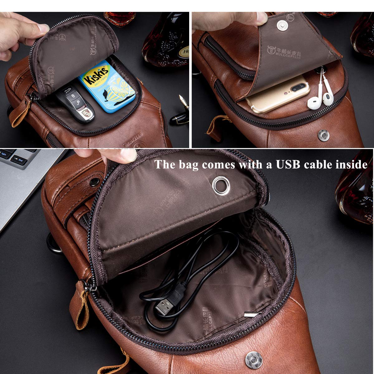 BULLCAPTAIN Genuine Leather Sling Bag with USB Charging Port Multi-pocket Chest Bag for Men Hiking Travel Daypack XB-129