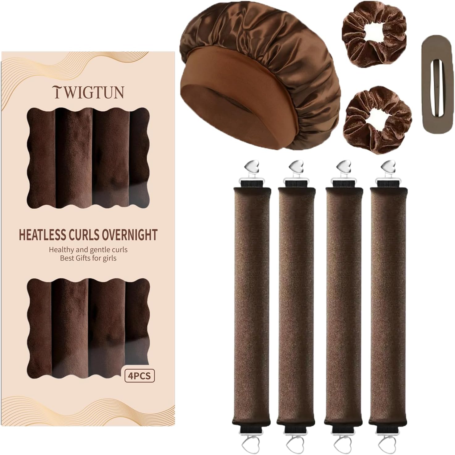 Heatless Curls Overnight Hair Curlers - 4 Pcs No-Heat Curling Rod to Sleep In and Shower Cap,Velvet Hair Rollers with Satin Wrap (new packaging)
