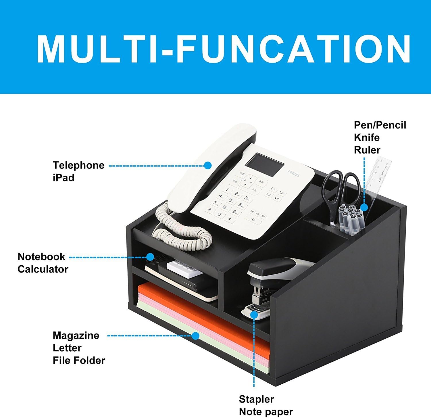 FITUEYES Wood Office Suppies Desk Organizer 5 Compartments with Letter Tray Phone Stand Pen Pencil Holder : Office Products