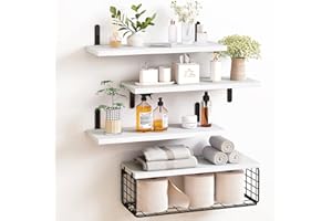 Fixwal 4+1 Tier Floating Shelves, Rustic Wood Wall Mounted Shelf, Bathroom Shelves Over Toilet with Wire Storage Basket, Farmhouse Wall Decor for Bedroom, Kitchen, Living Room and Plants (White)
