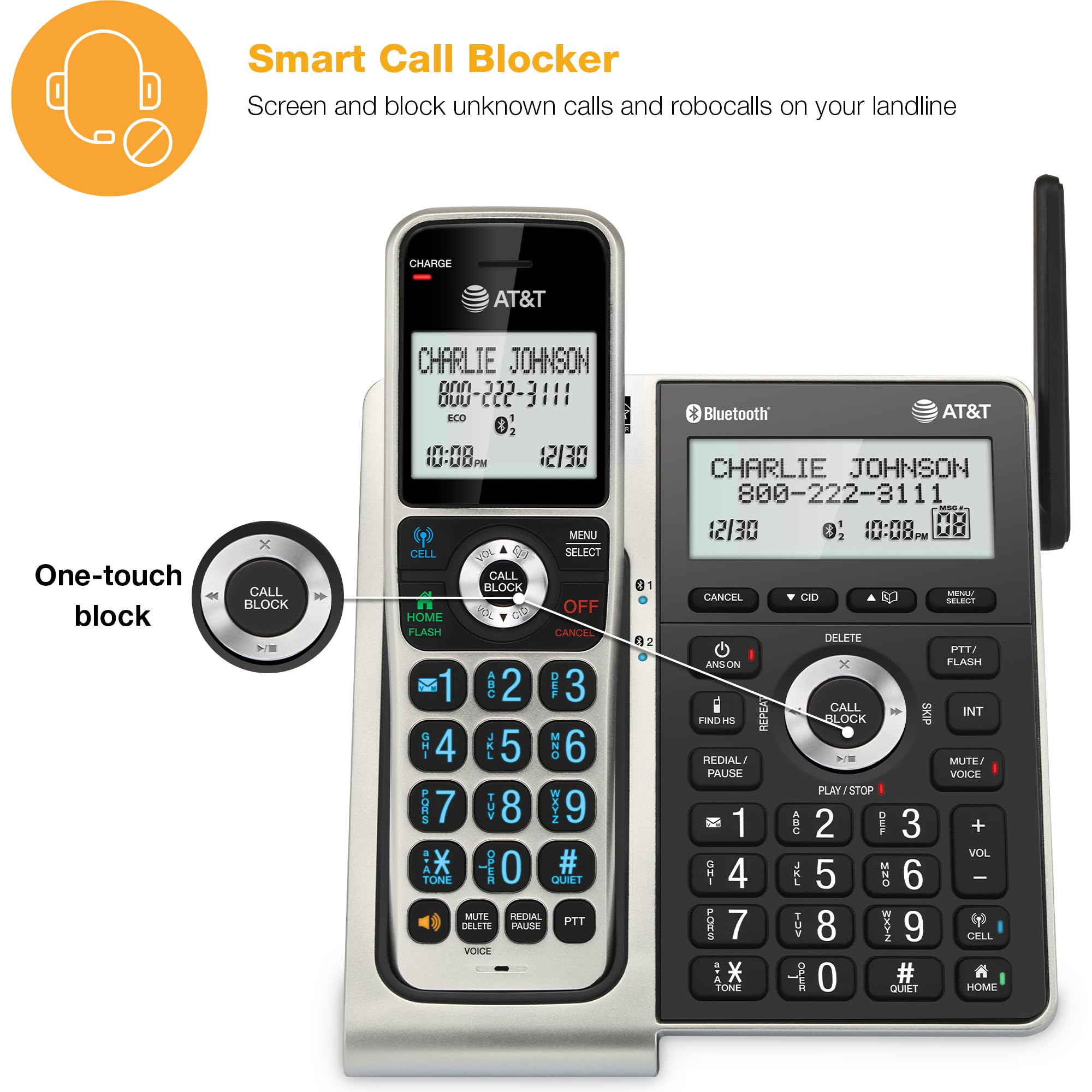 AT&T BL3107-3 3-Handset DECT 6.0 Cordless Home Phone with Bluetooth, Answering System, Smart Call Blocker, Extended Range, 2