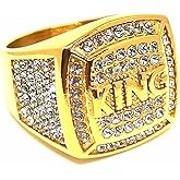 Fanshu Stainless Steel King Gold Plated Bling Iced Out Ring with Cubic Zirconia Stones for Men Women Friends Gift Bold Statement Fashion Jewelry
