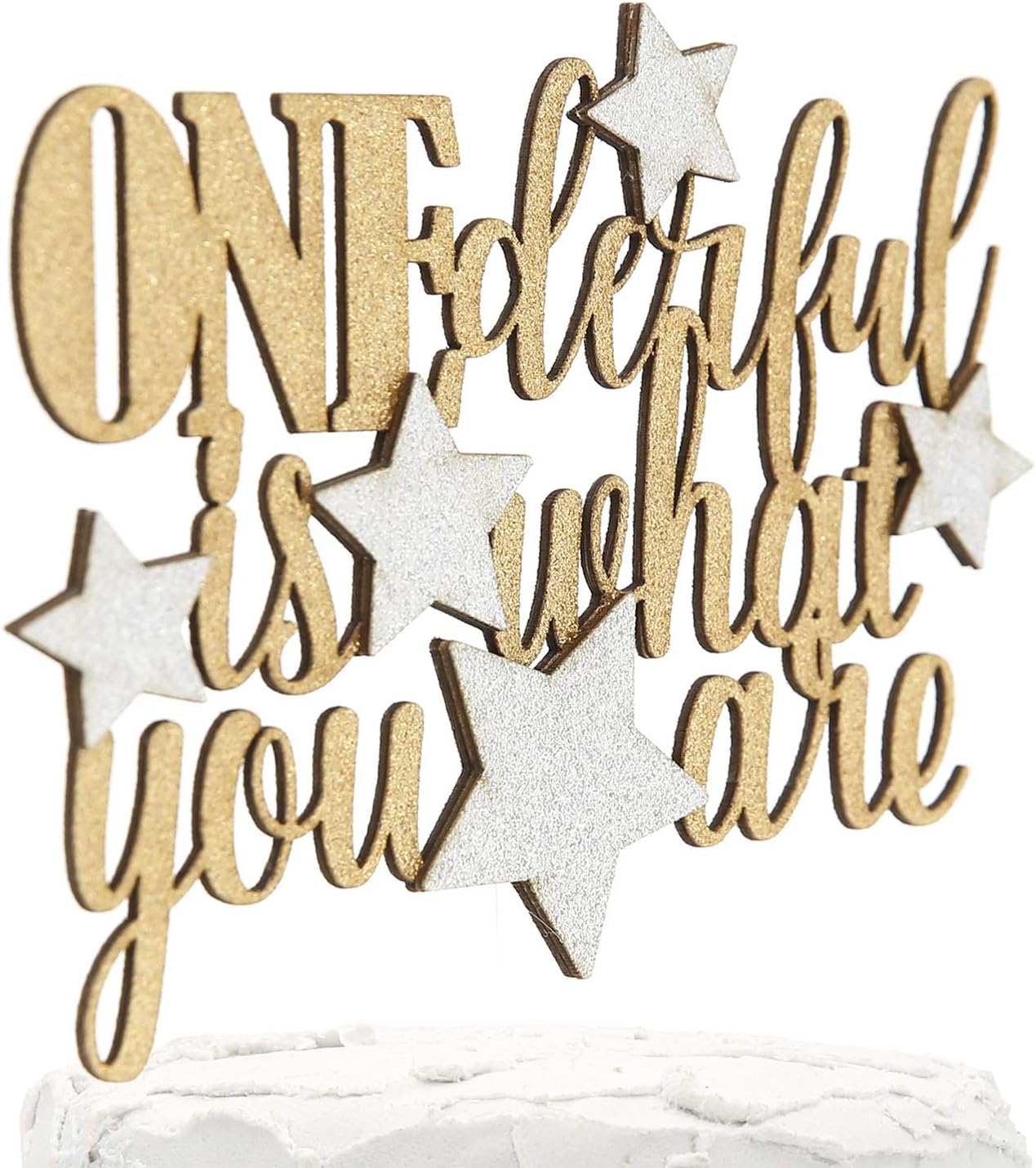 1st Birthday Cake topper - ONEderful is what you are - Double Sided Gold Glitter with Silver Stars - Premium quality Made in USA
