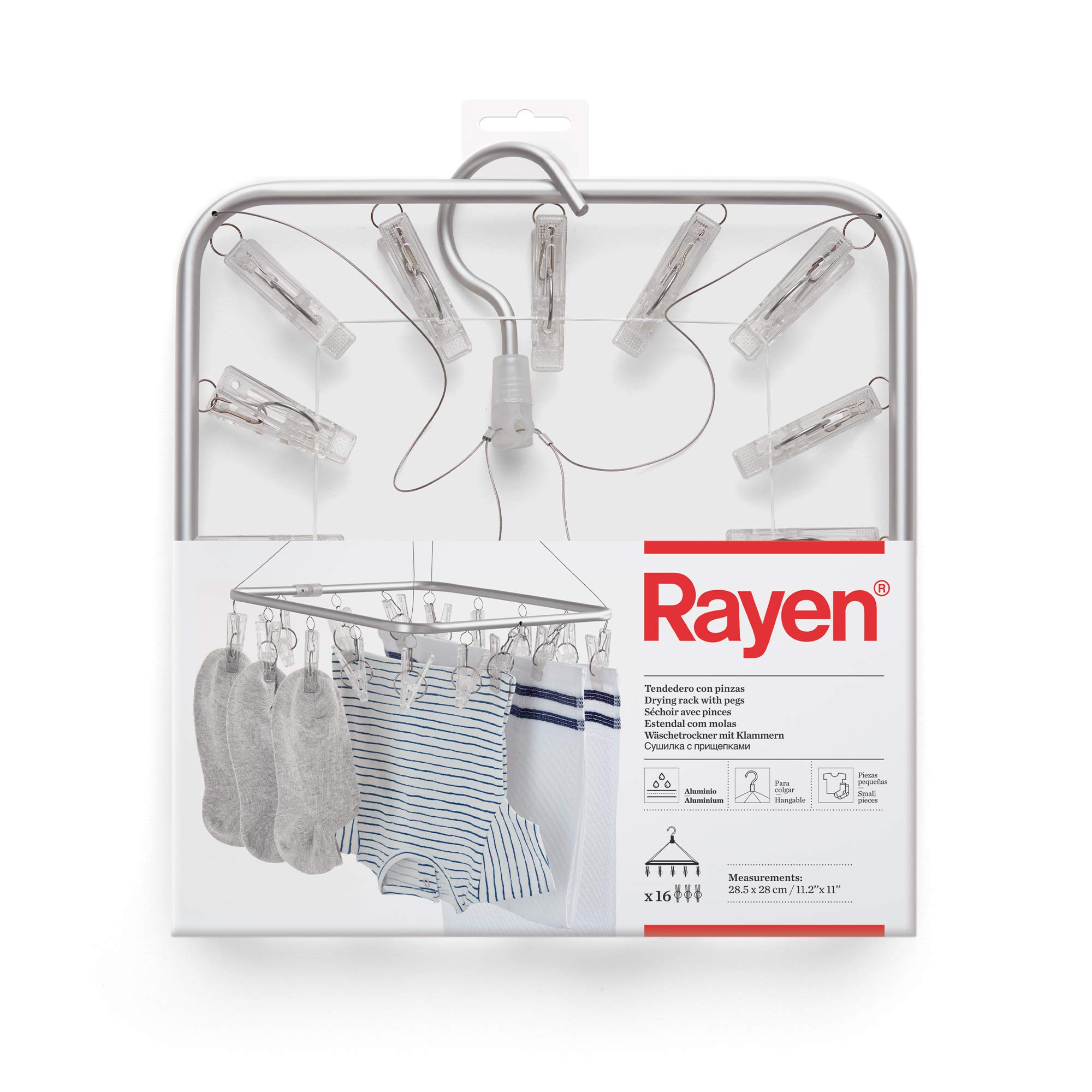 Rayen | Clothes pegs | Clothes rack for hanging up Small clothing | Suitable for Indoor and outdoor | Aluminum | 16 clothes pegs | 28.5 x 28x39 cm