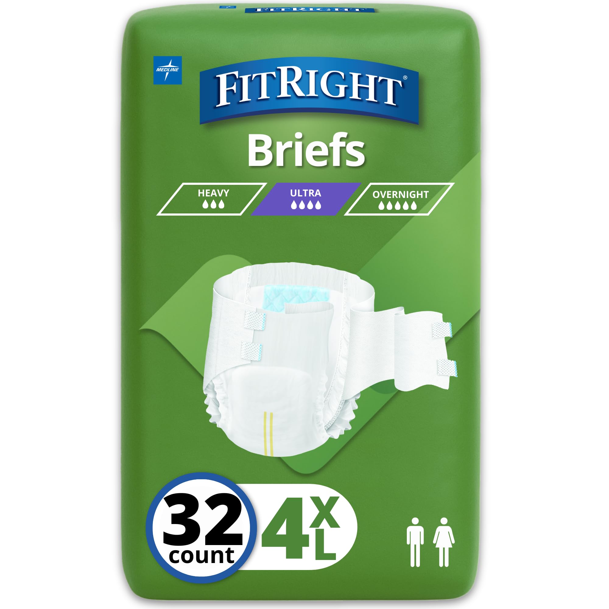 Medline FitRight Incontinence Diapers, Specialty Size Adult Diapers, For Men And Women, Maximum Protection, Waist Size 65″–94″, 4XL, 8 briefs per bag, 32 briefs per case