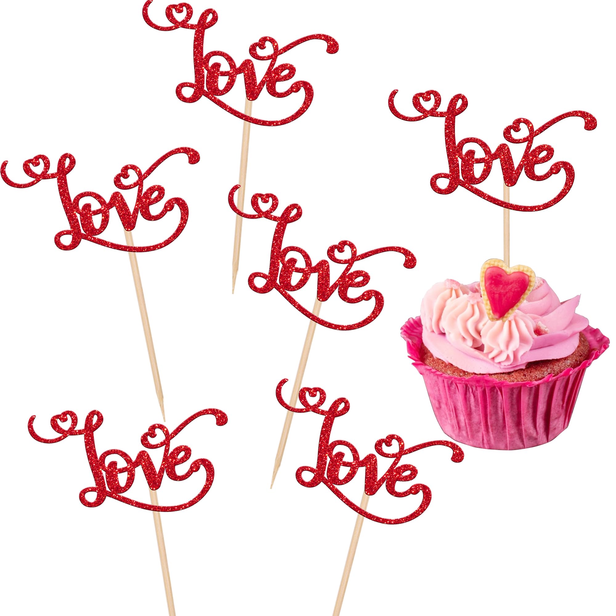 Xsstarmi 30 Pack Love Valentine's Day Cupcake Toppers Red Glitter Love Heart Cupcake Picks Wedding Engagement Cake Decorations for Valentine's Day Theme Bridal Shower Anniversary Party Supplies