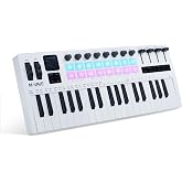 M-VAVE 25 Keys 8-16 Backlit Drum Pads MIDI Keyboard &ndash; Professional Beat Maker and Keytar for Keyboard Music Production Builtin Battery Wireless Connect (White, MIDI 37 Keys 16 Pads)