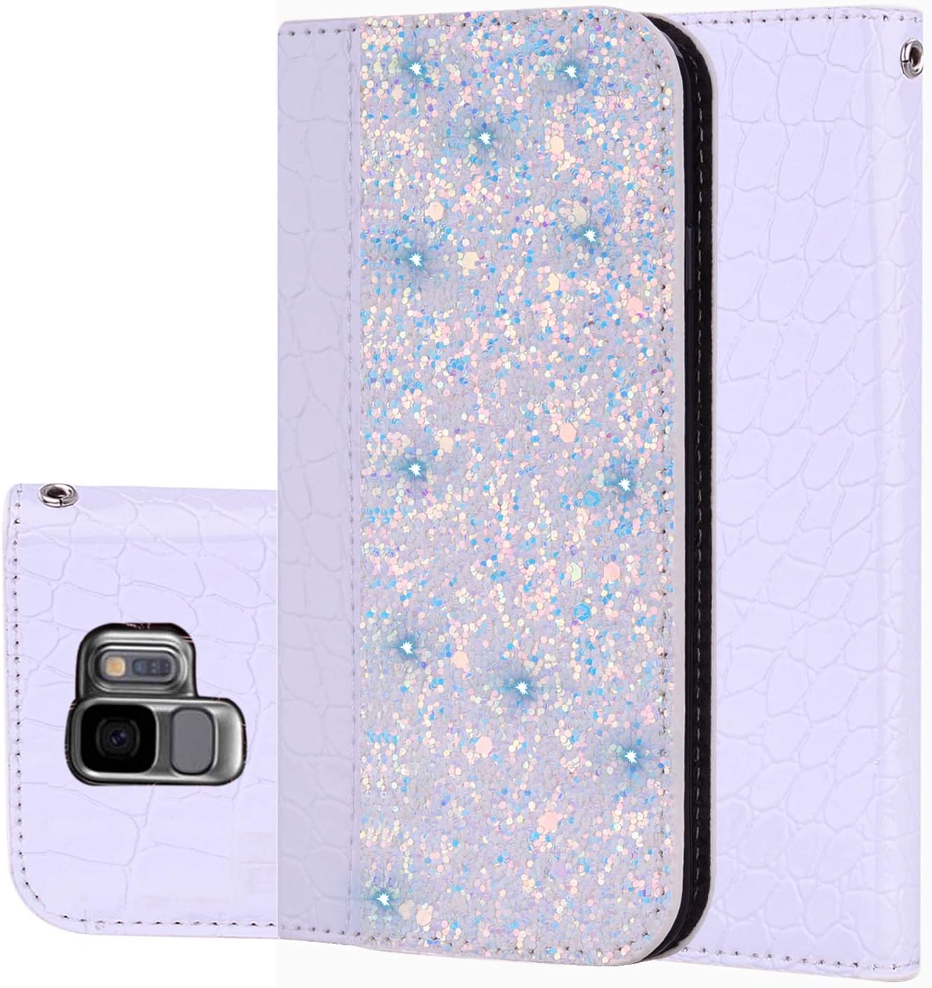 Lspcase Samsung S9 Crocodile Pattern Leather Case, Galaxy S9 Glitter Flip Book Cover Magnetic Stand Protective Phone Case with Card Holder Premium PU Leather for Samsung Galaxy S9 - White