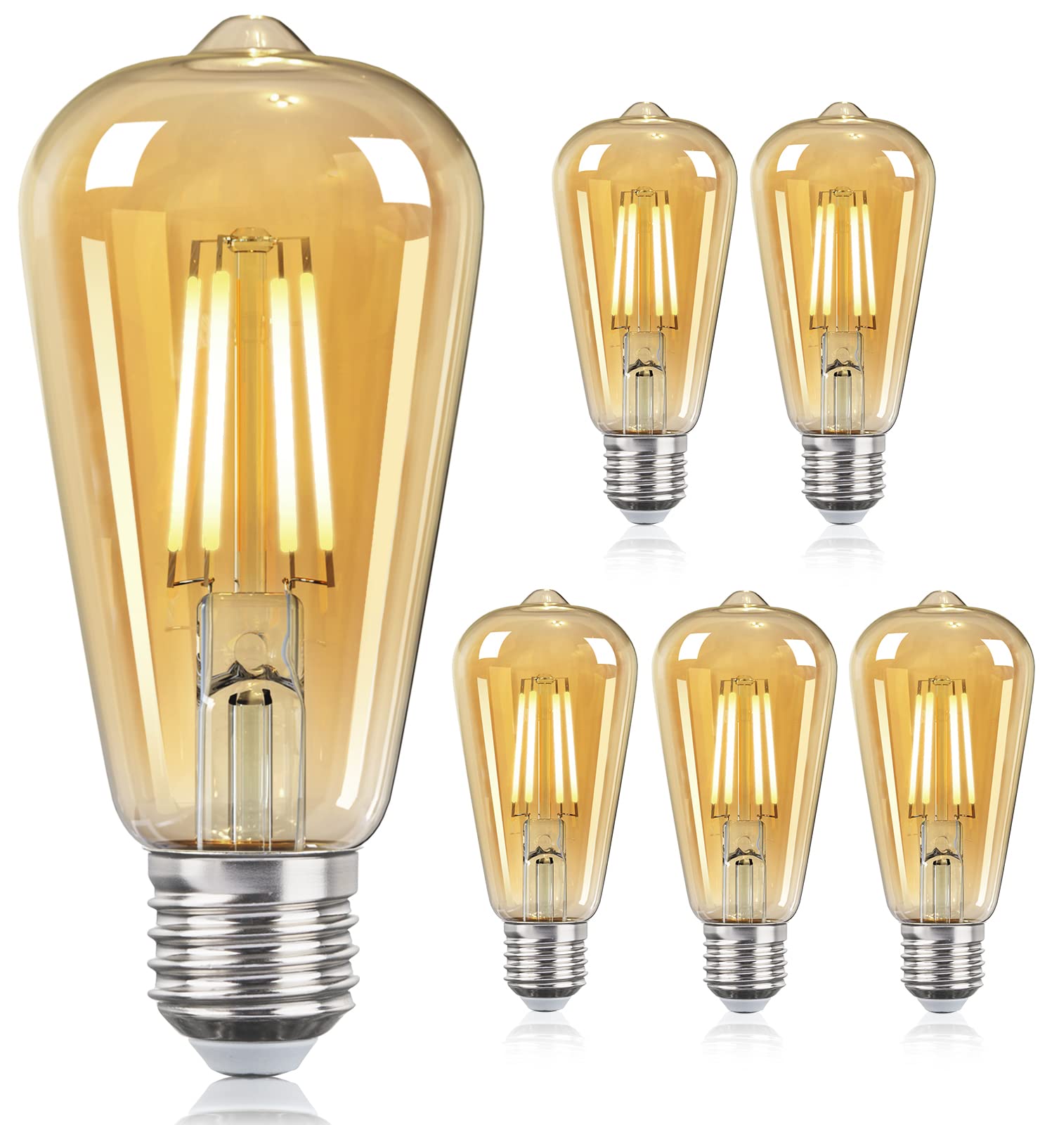 DGO E27 LED Bulb, Dimmable Energy Saving Vintage Light Bulbs, ST64 Screw Edison Light Bulbs 9W (Equivalent to 100W), Warm White, Amber Glass, 6 Pack