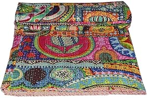 MAVISS HOMES Indian Traditional Handmade Patchwork Cotton Super Soft Kantha Quilt Blanket | Throw Bedspread Blanket | Bedroom Décor Throw Quilt |Home Décor; Multicolour (Queen 90 X 108 in)