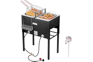 VEVOR Outdoor Propane Deep Fryer, Dual-Tank 16QTx2 Large Capacity Commercial Fryer, Stainless Steel Fish Cooker with 3 Basket