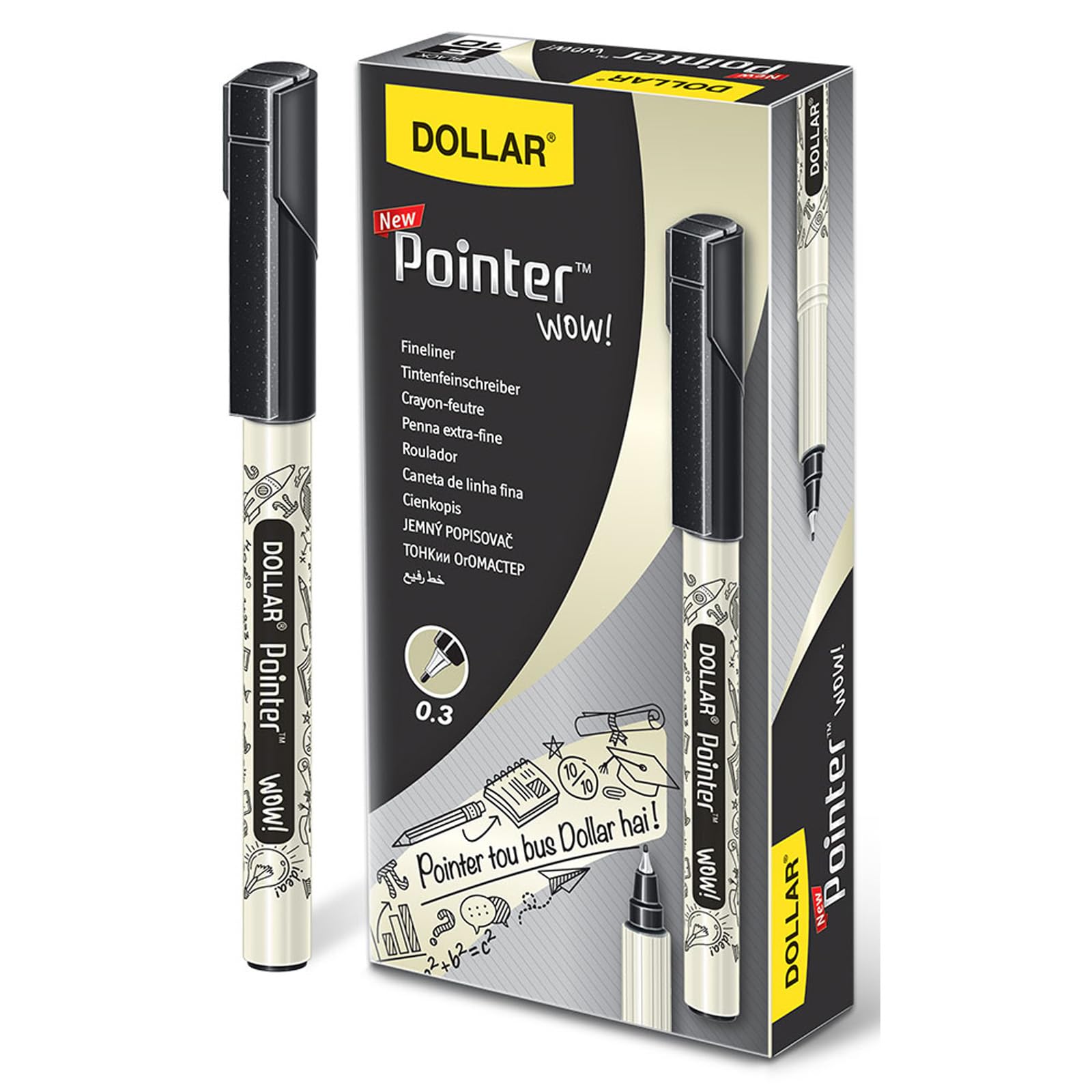 DOLLAR Wow Fineliner Pens, BLACK, Fine Tip (0.3mm), Pack of 10, Precise Fine Writing, Write Draw Sketch Colour Pens, Ideal for School Office Home Use