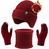 Winter Hat Gloves Set for Men Women, Fleece Line Beanie with Earflap, Neck Warmer Scarf and Touch Screen Gloves