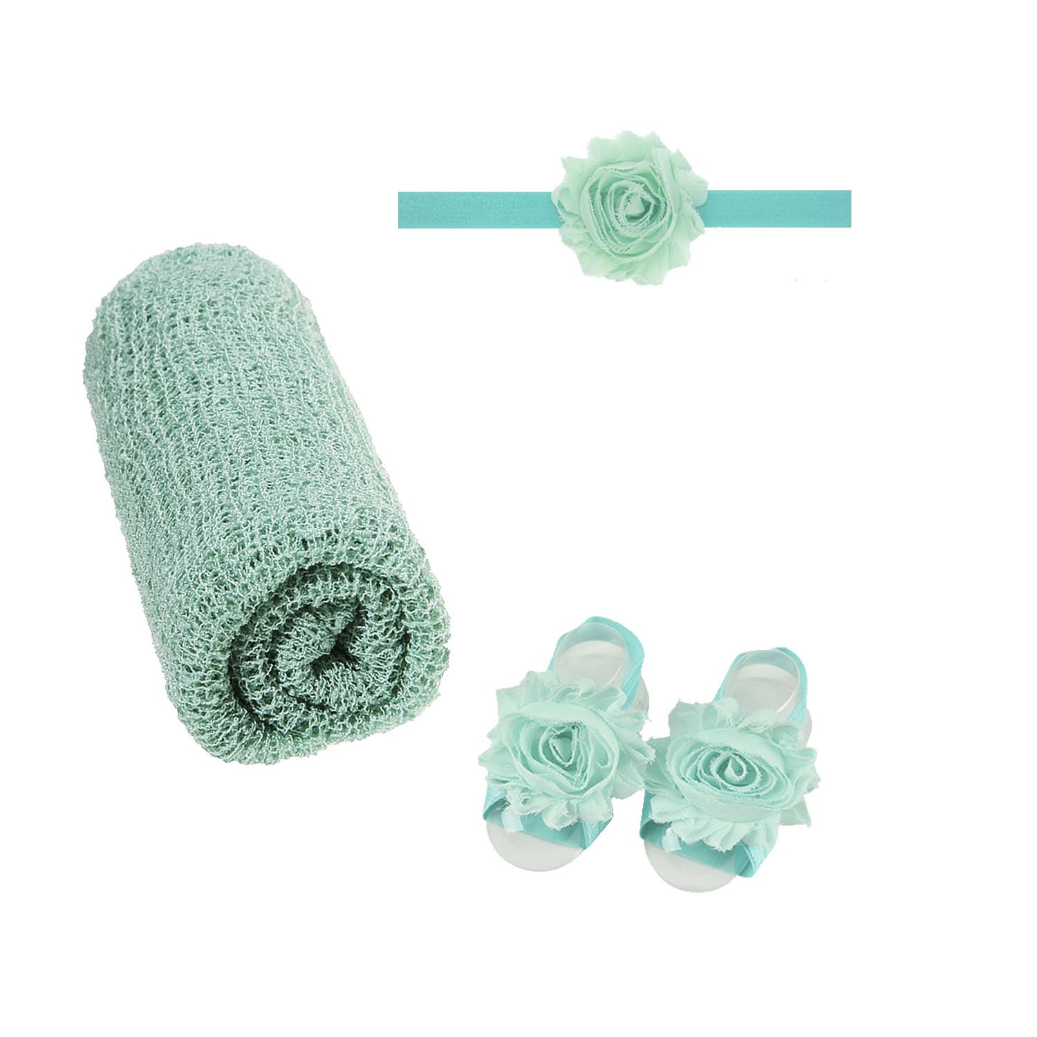 inSowni 3PCS/Set Photo Photography Blanket Props Wrap Swaddle With Flower Headband & Barefoot Sandals For Baby Girl Boy Newborn (Aqua)